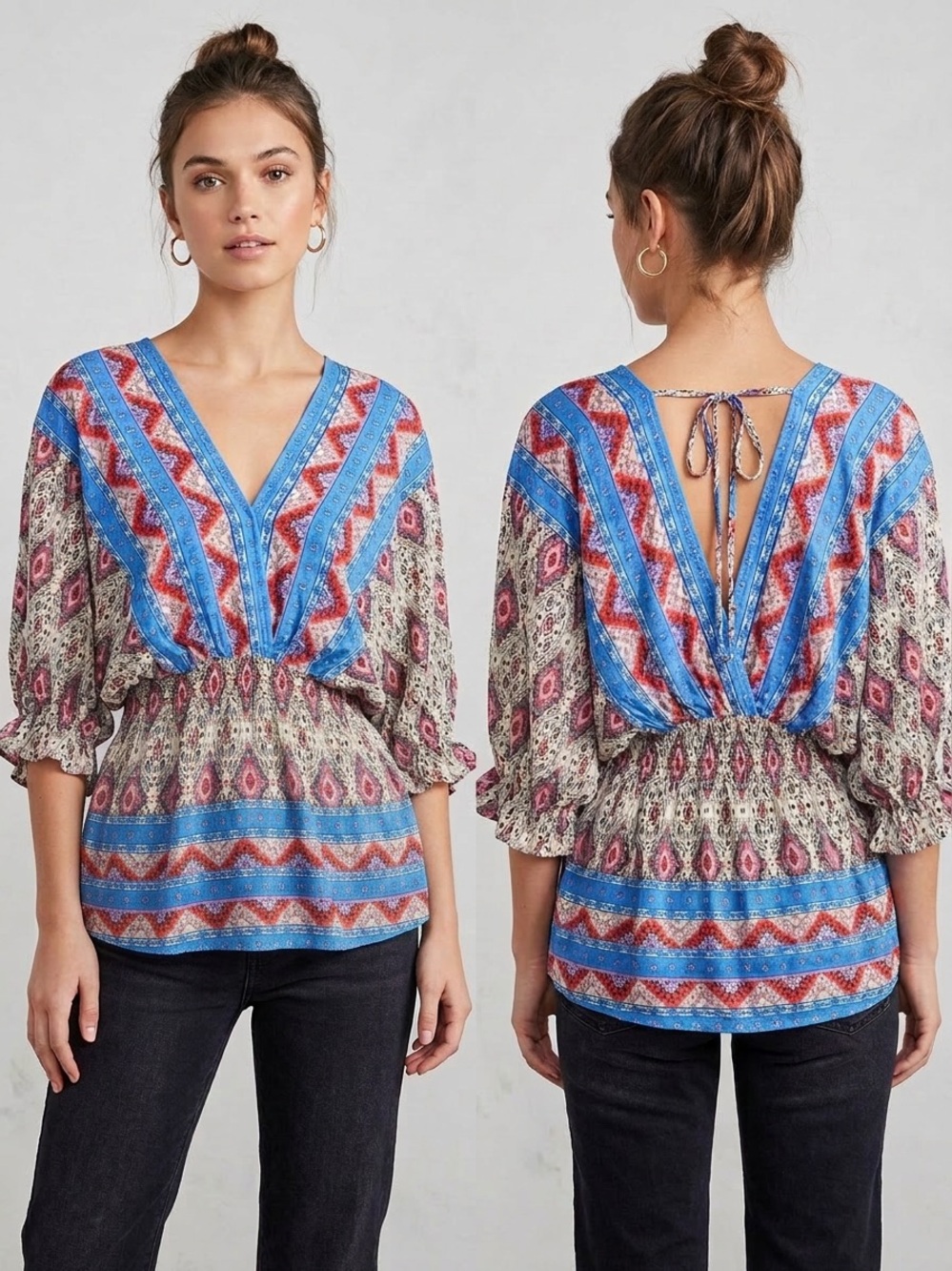 Umgee - Boho V-Neck Printed Peasant Top in Blue